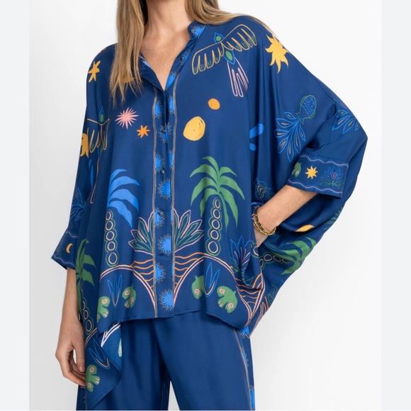 Johnny Was Tops - JOHNNY WAS JADE Women’s Blue Print KATIA OVERSIZED BLOUSE In DEL MAR Size L/XL